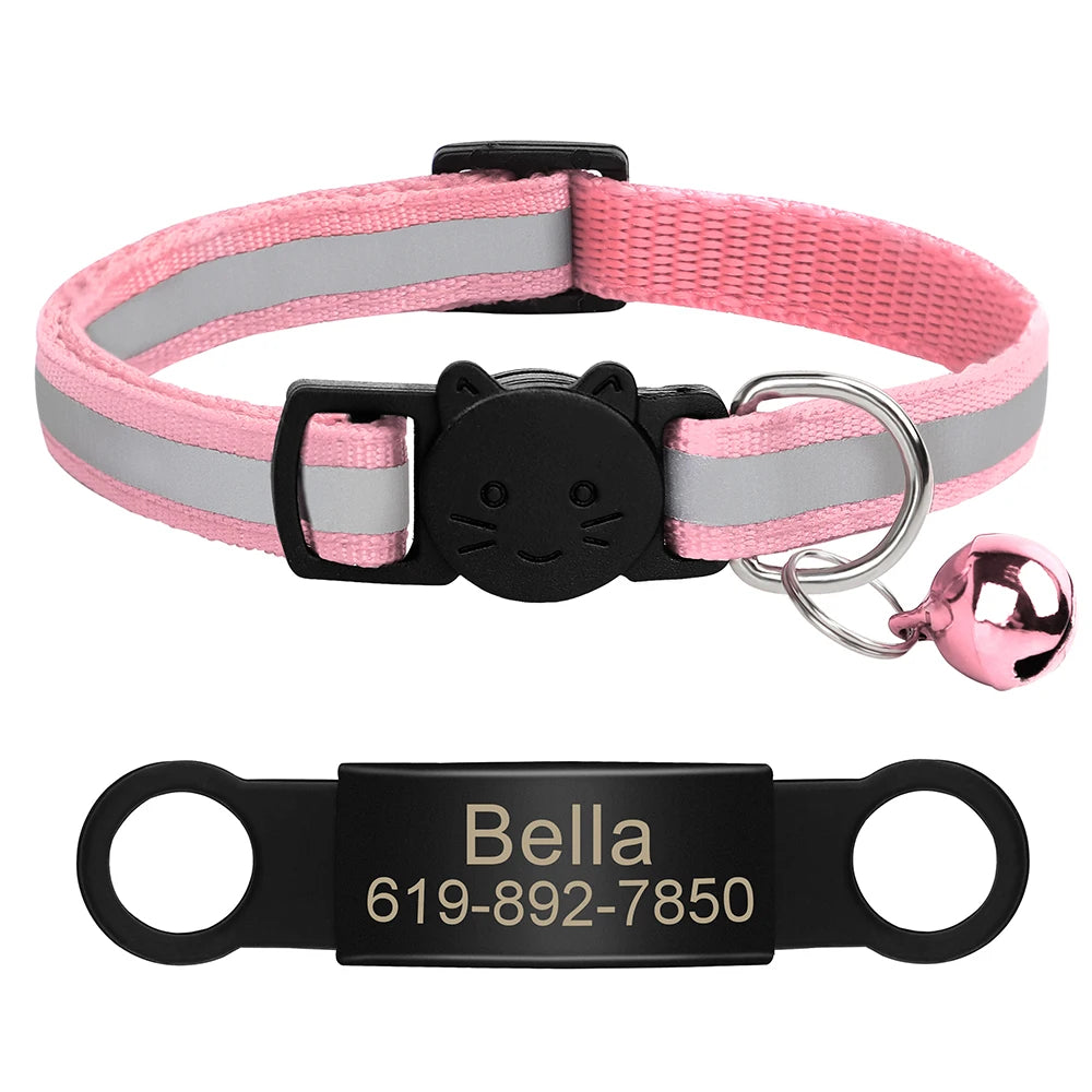 Custom Pet ID Collar for Cats – Reflective Collar with Bell & Engraved Tag