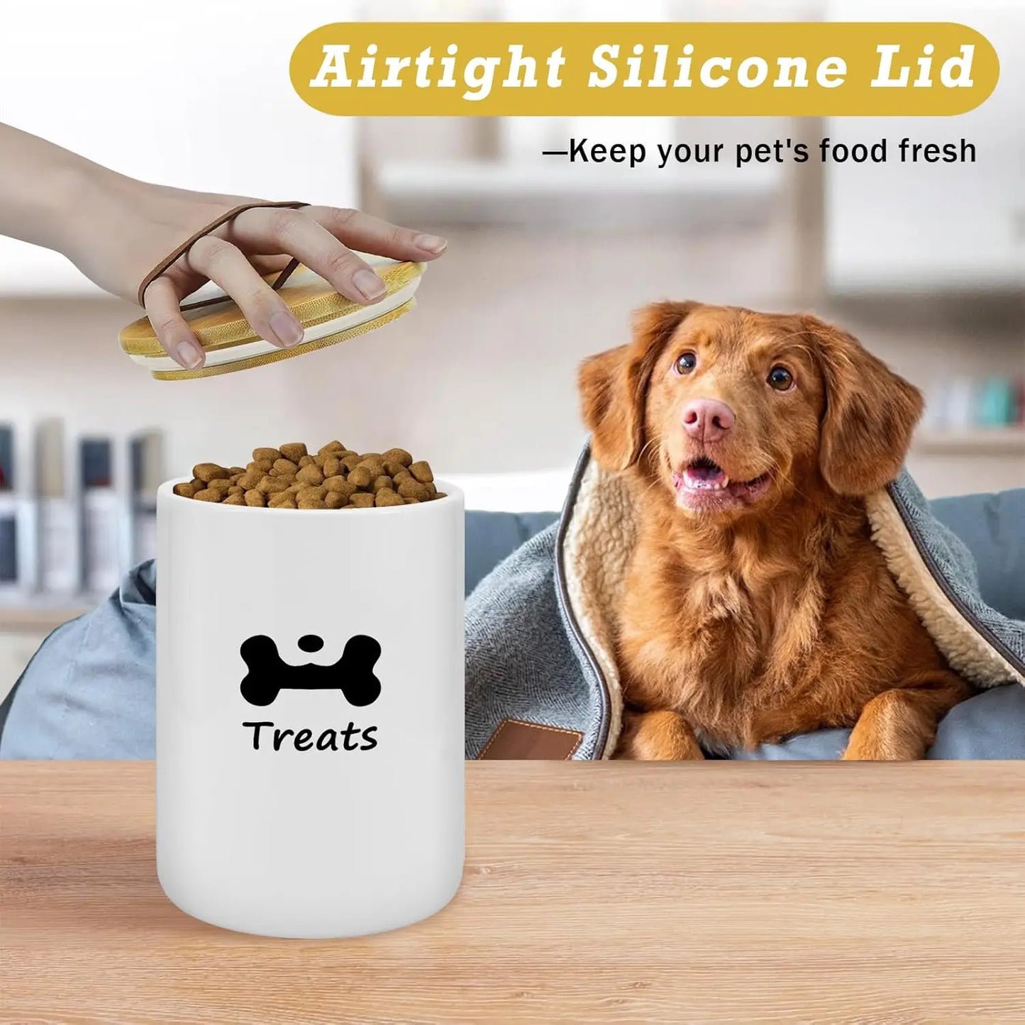 Airtight Dog Treat Container - 5" Wide Ceramic Jar with Bamboo Lid, Farmhouse Style