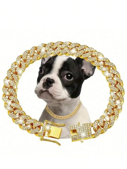 Rose Gold Cuban Chain Pet Collar with Crystal Accents for Dogs and Cats