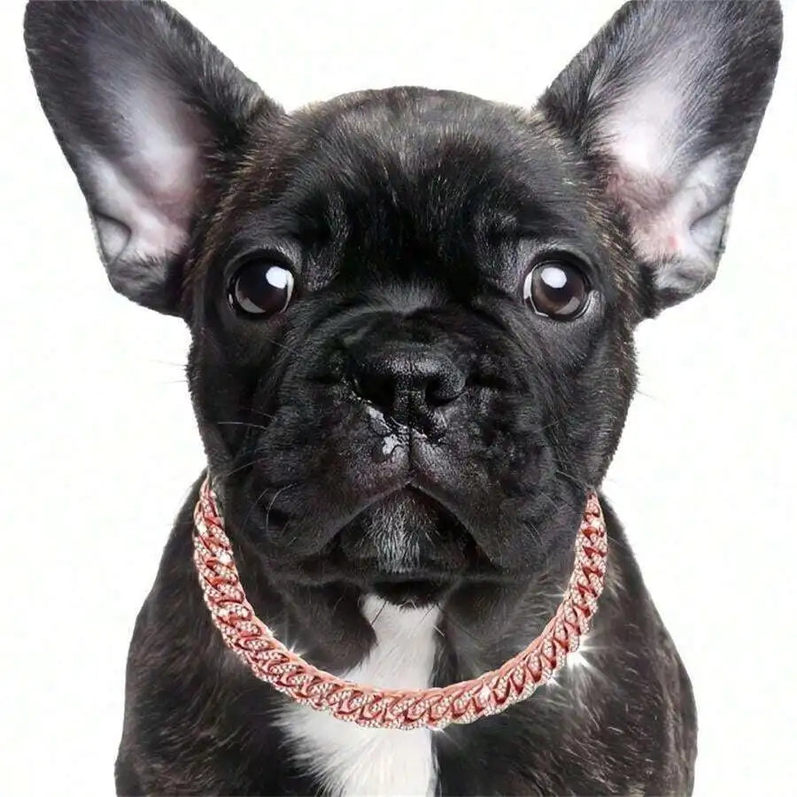 Rose Gold Cuban Chain Pet Collar with Crystal Accents for Dogs and Cats