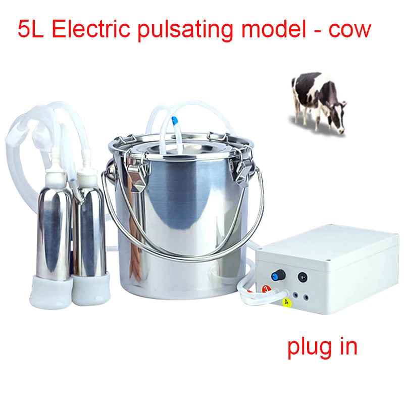 3L/5L Milking Machine Milker Automatic Electric & Pulsating for Farm Cows Goats Sheep Vacuum Pump Stainless Steel Milker Bucket