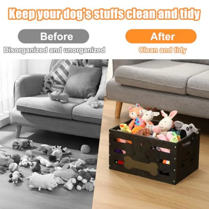 Large Dog Toy Basket Wood Dog Toy Bin Storage Baskets Box with Handles and Label Position Design Large Organizer with Paw Patte
