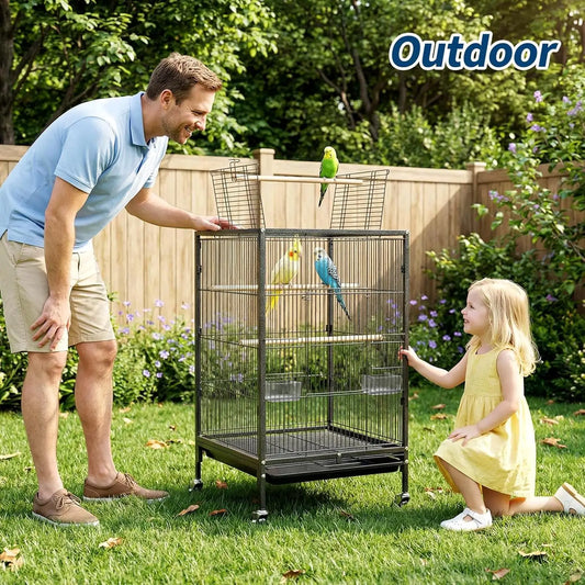 Rolling Bird Cage with Play Area – Spacious Metal Cage for Parakeets & Lovebirds