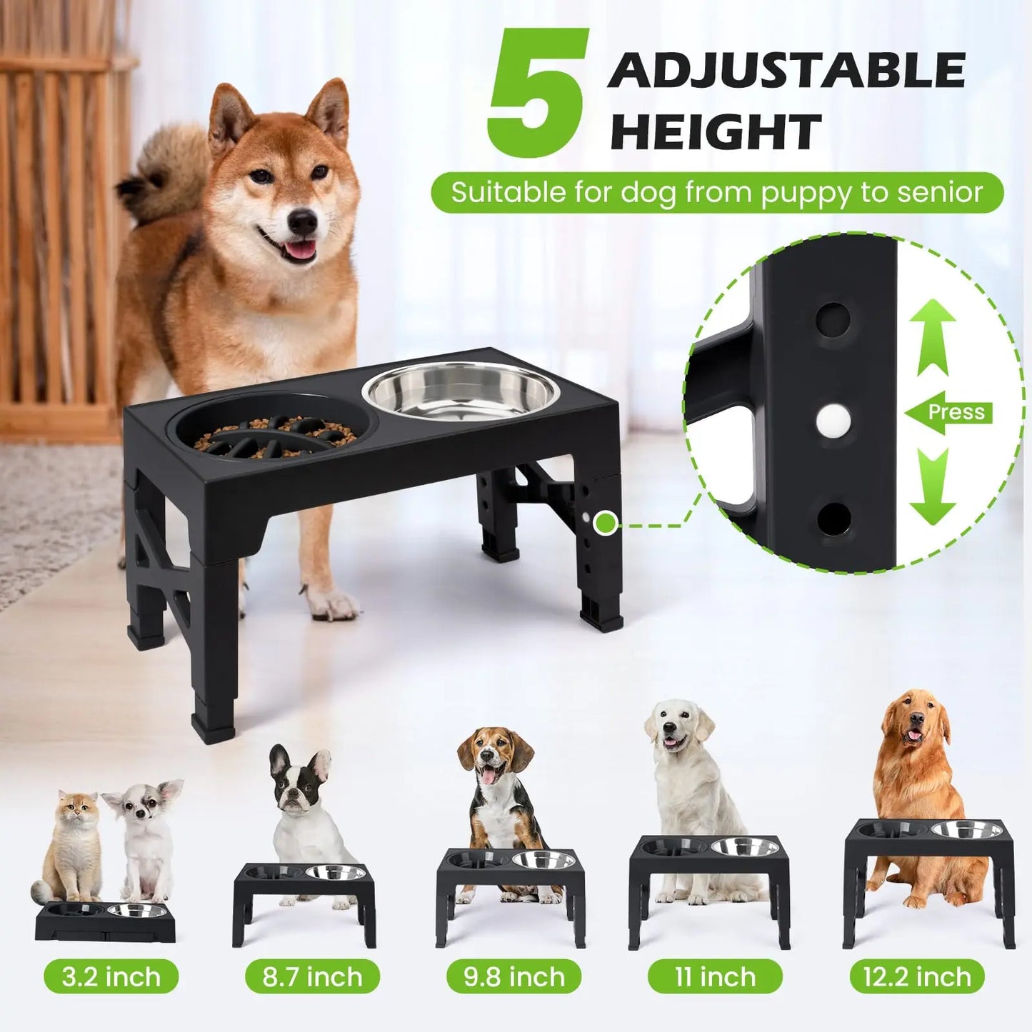 Elevated Dog Feeding Station – Height-Adjustable Stand with Food & Water Bowls