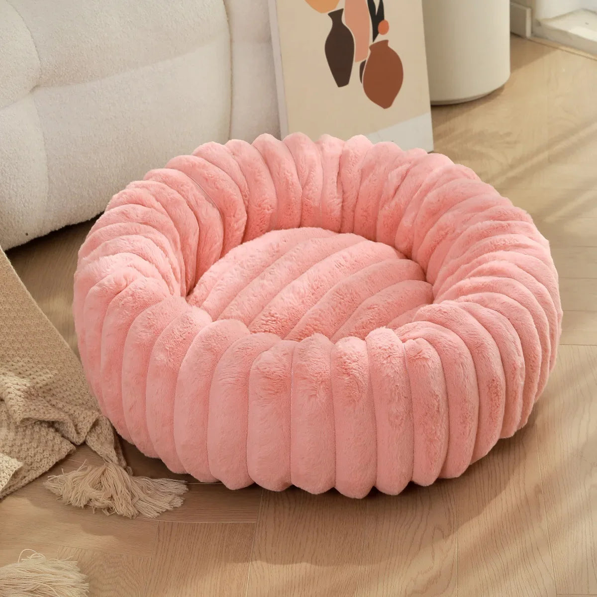 Warm Round Pet Bed for Medium Dogs & Cats – Fluffy Plush Sleeping Nest