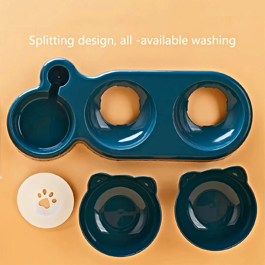 Tilted Cat Bowl & Water Feeder Set – 3-in-1 Neck Protection Feeding Station