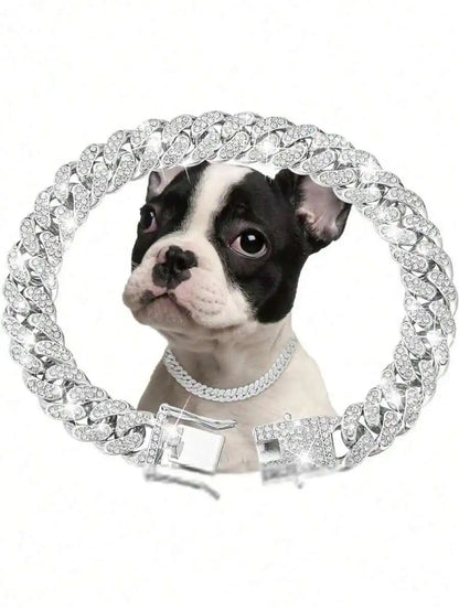 Rose Gold Cuban Chain Pet Collar with Crystal Accents for Dogs and Cats