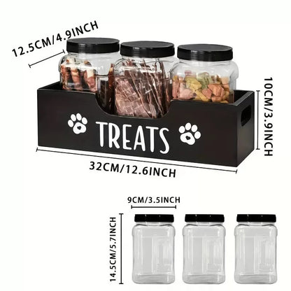 Pet Food Storage Organizer – Farmhouse Wooden Box with 3 Treat Jars
