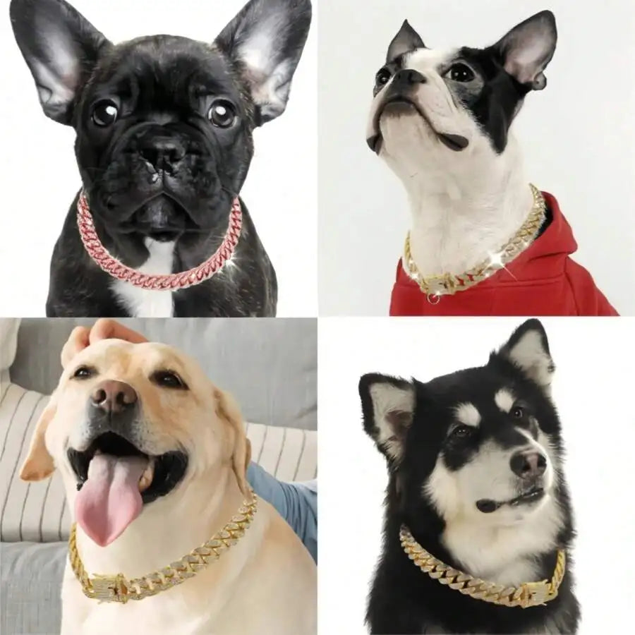 Rose Gold Cuban Chain Pet Collar with Crystal Accents for Dogs and Cats